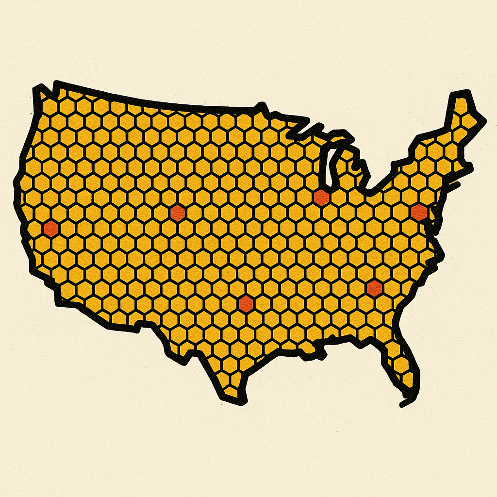 Nationwide hex-tile map of live tax-sale coverage